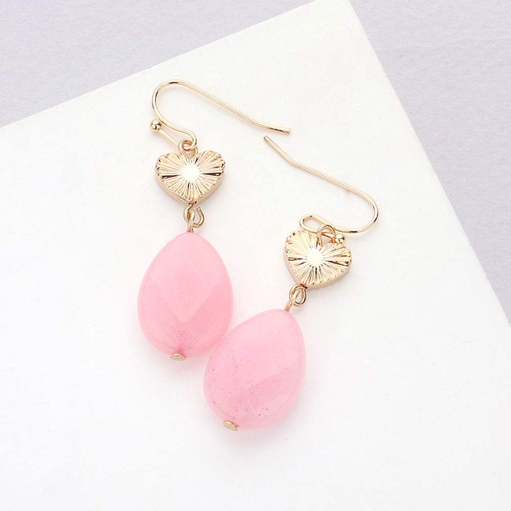 Metal Heart Teardrop Natural Stone Link Dangle Earrings - Madeline Love - Flyclothing LLC