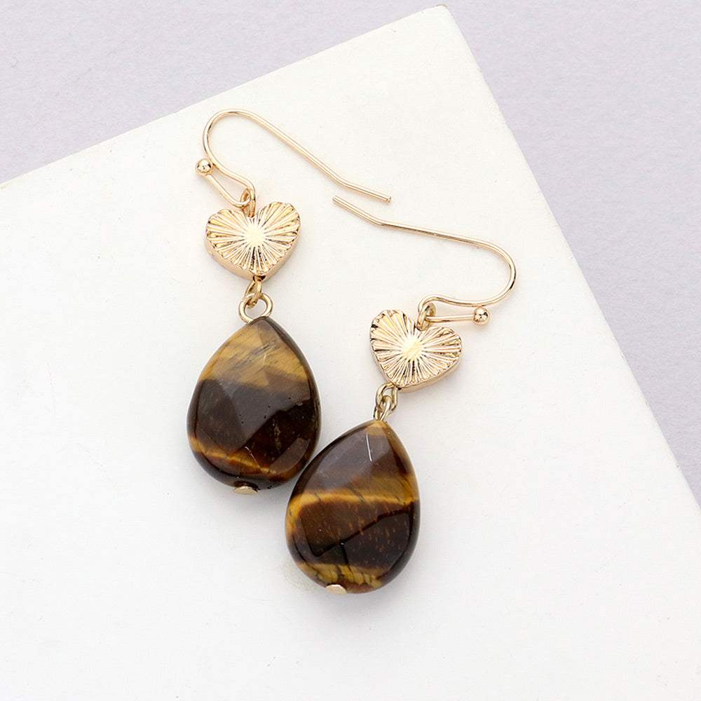 Metal Heart Teardrop Natural Stone Link Dangle Earrings - Madeline Love - Flyclothing LLC