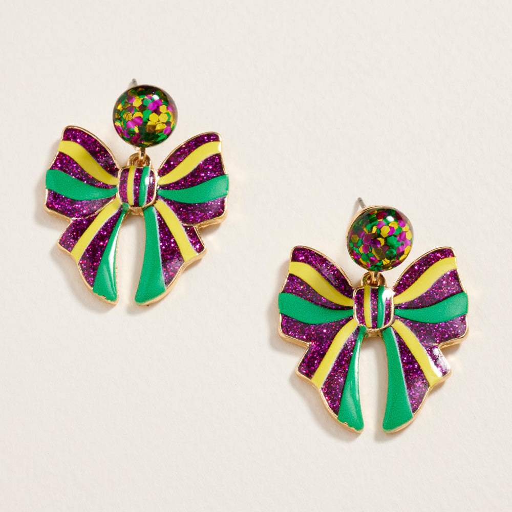 Striped Glitter Mardi Gras Bow Dangle Earrings - Madeline Love - Flyclothing LLC