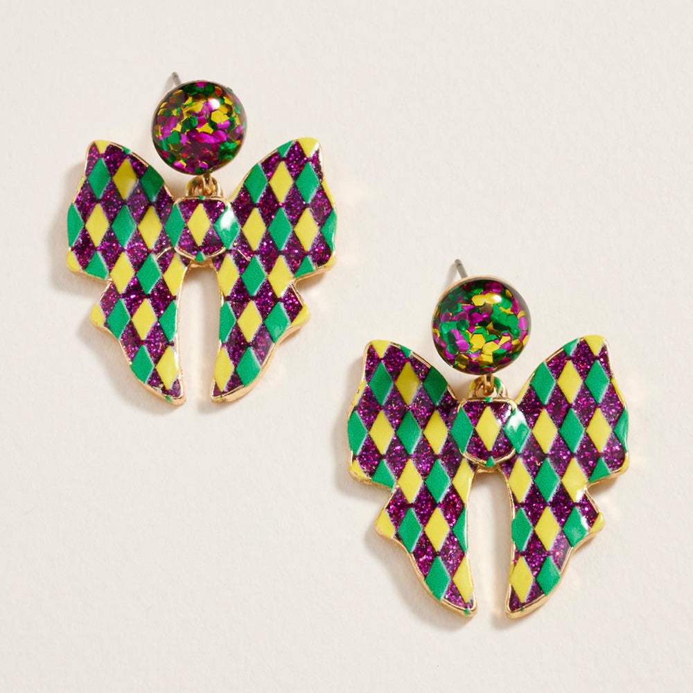 Harlequin Glitter Mardi Gras Bow Dangle Earrings - Madeline Love - Flyclothing LLC