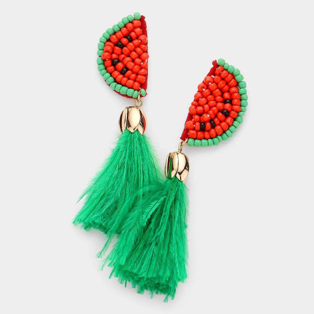 Seed Bead Watermelon Feather Tassel Dangle Earrings - Madeline Love - Flyclothing LLC