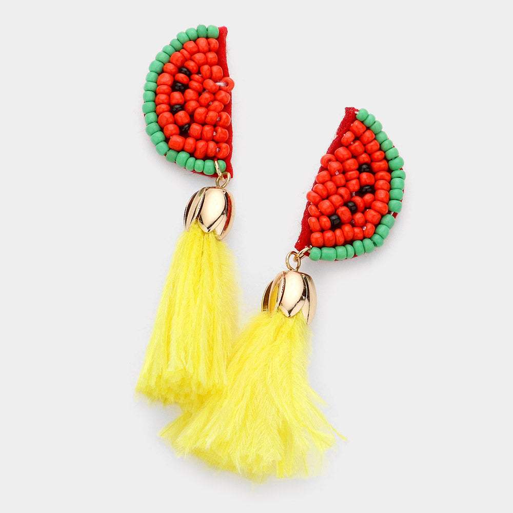 Seed Bead Watermelon Feather Tassel Dangle Earrings - Madeline Love - Flyclothing LLC