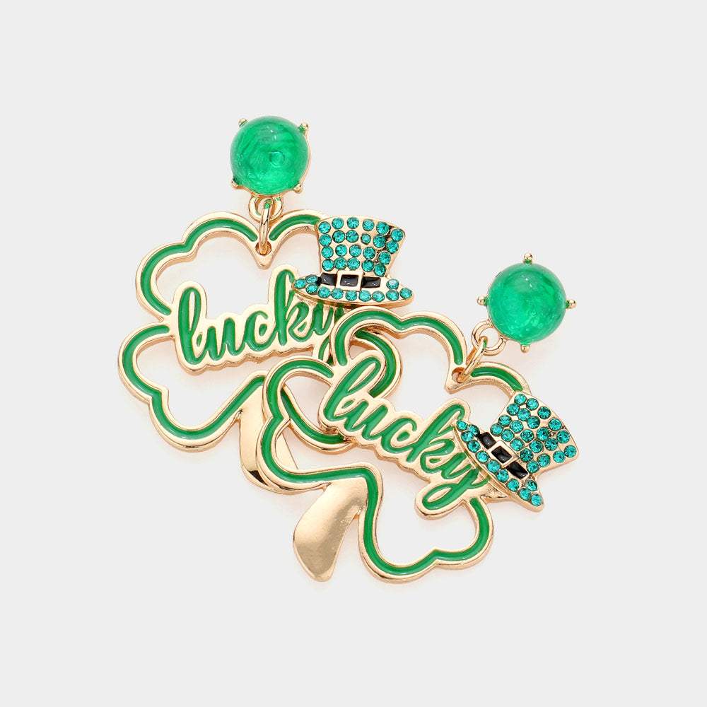 St Patricks Day LUCKY Message Clover Dangle Earrings - Madeline Love - Flyclothing LLC
