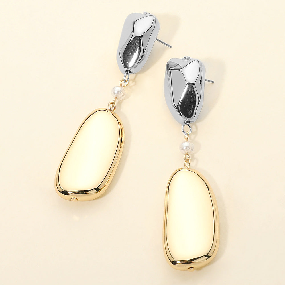 Bold Geometric Metal Pebble Pearl Link Drop Statement Earrings - Madeline Love - Flyclothing LLC