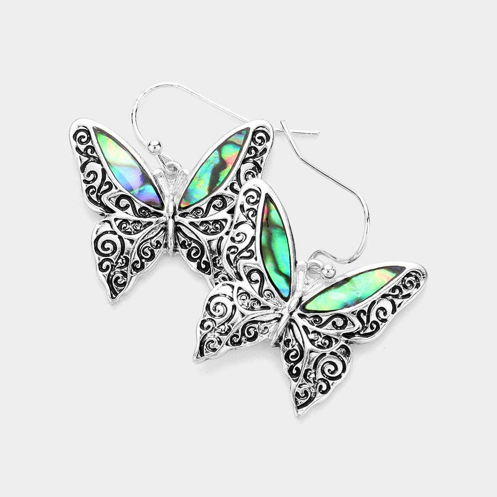 Antique Metal Abalone Butterfly Dangle Earrings - Madeline Love - Flyclothing LLC