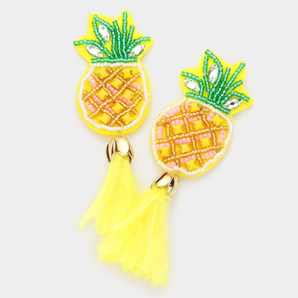 Beaded Pineapple Feather Tassel Earrings - Madeline Love - Flyclothing LLC