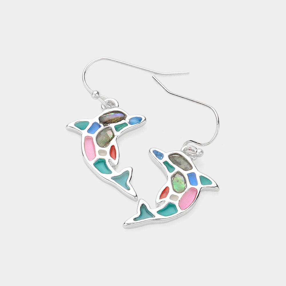 Abalone Pointed Enamel Dolphin Dangle Earrings - Madeline Love - Flyclothing LLC