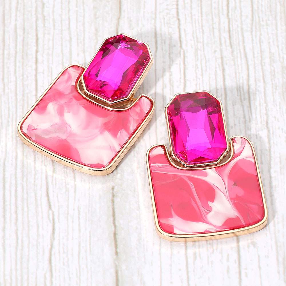 Geometric Stone Accent Printed Resin Plate Drop Earrings - Madeline Love - Flyclothing LLC