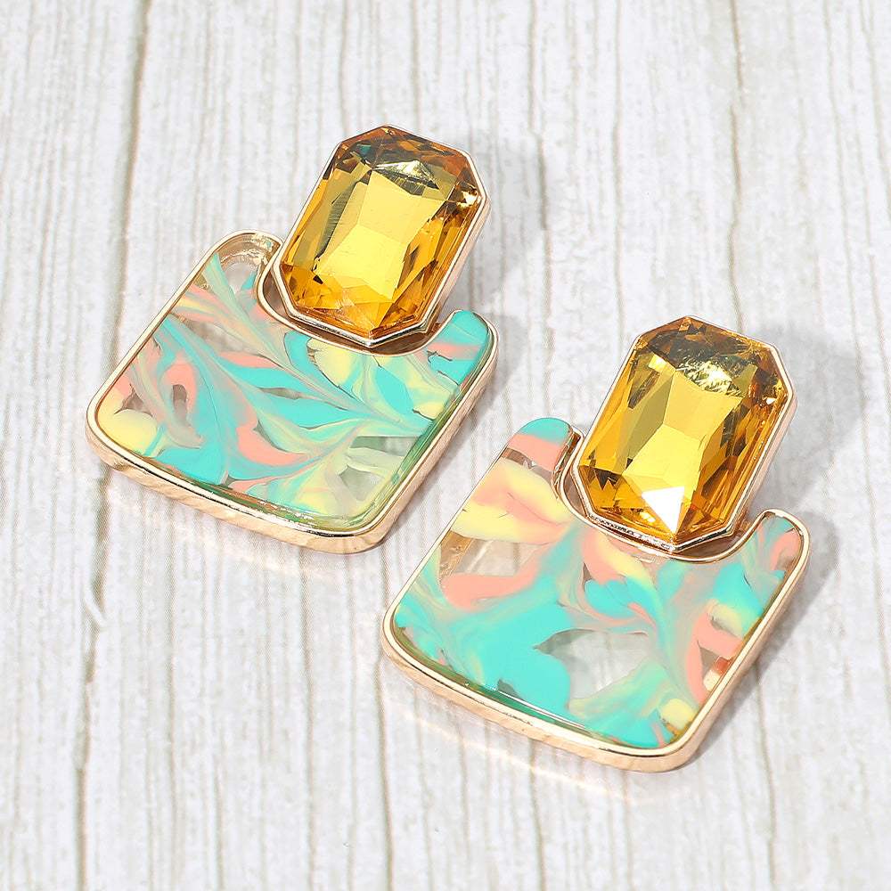 Geometric Stone Accent Printed Resin Plate Drop Earrings - Madeline Love - Flyclothing LLC