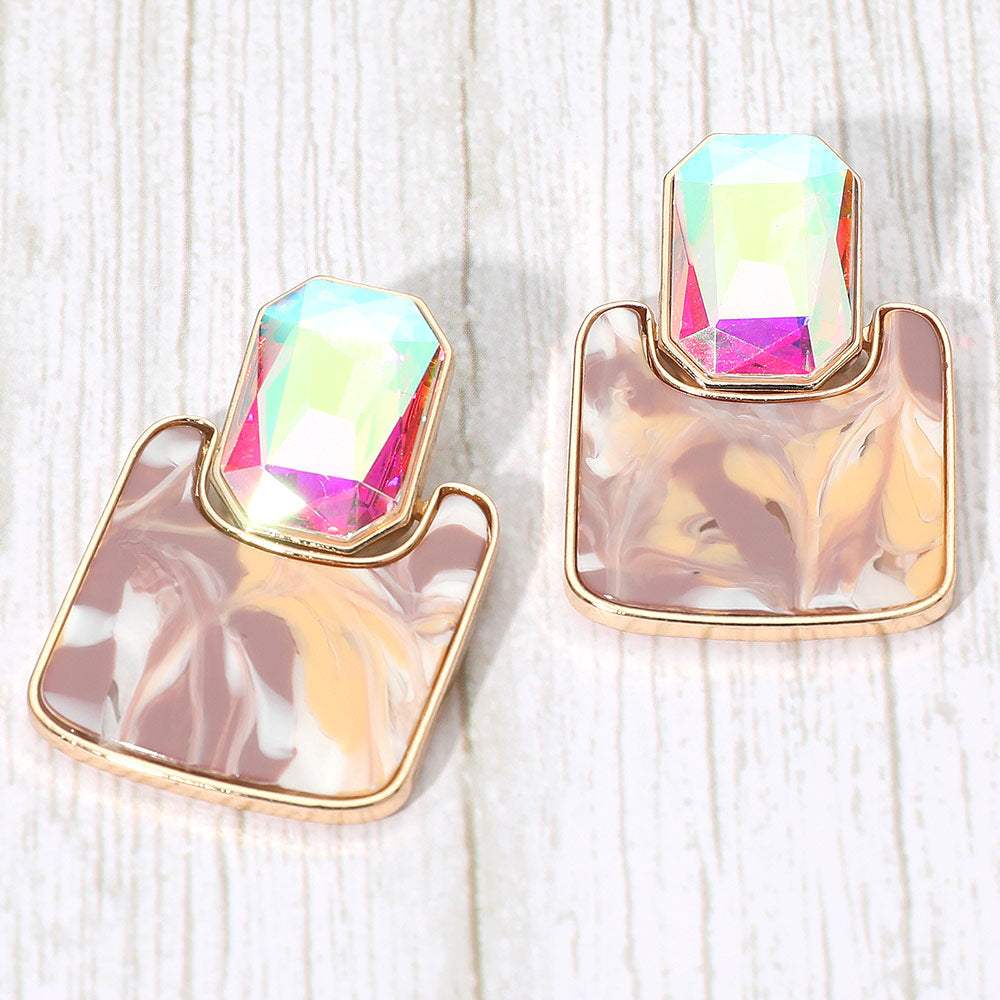 Geometric Stone Accent Printed Resin Plate Drop Earrings - Madeline Love - Flyclothing LLC