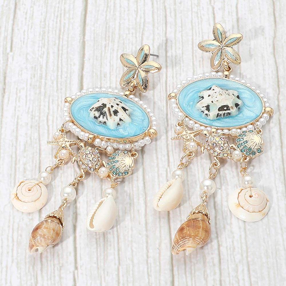 Pearl Embellished Coastal Shell Charm Drop Statement Earrings - Madeline Love - Flyclothing LLC