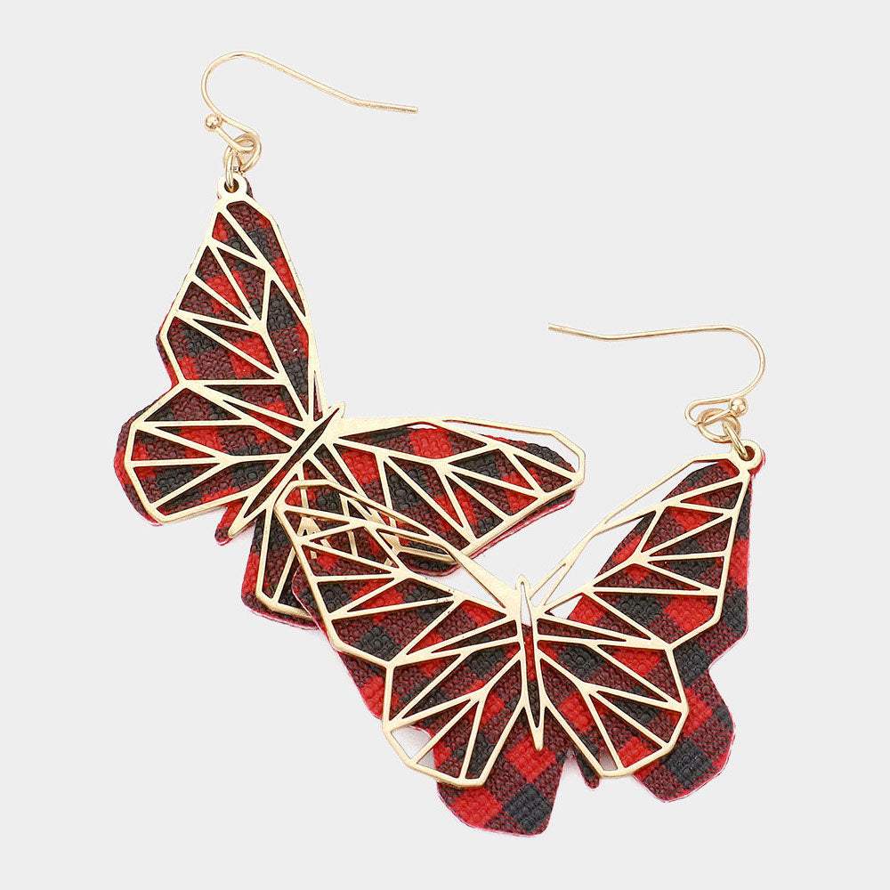 Faux Leather Back Metal Laser Cut Butterfly Dangle Earrings - Madeline Love - Flyclothing LLC