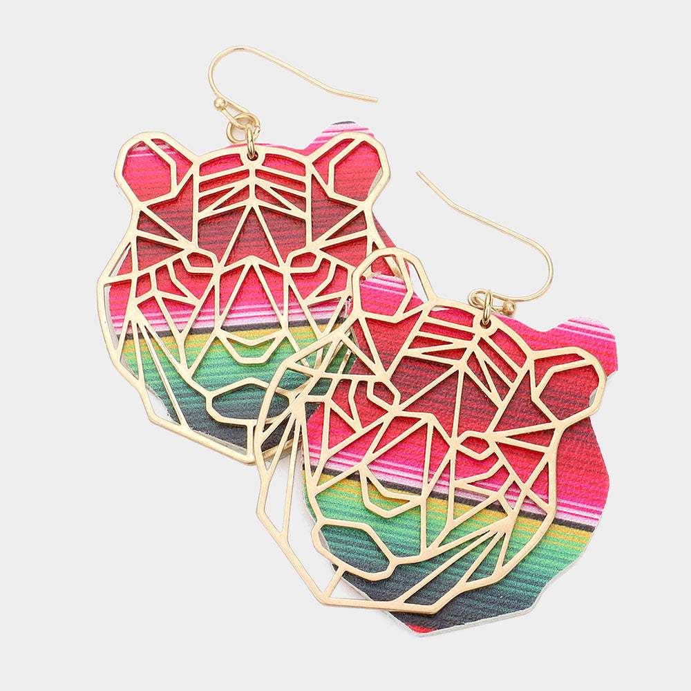 Faux Leather Back Metal Laser Cut Tiger Face Dangle Earrings - Madeline Love - Flyclothing LLC