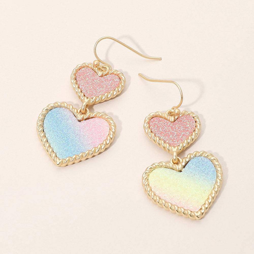 Glitter Double Heart Link Drop Dangle Earrings - Madeline Love - Flyclothing LLC