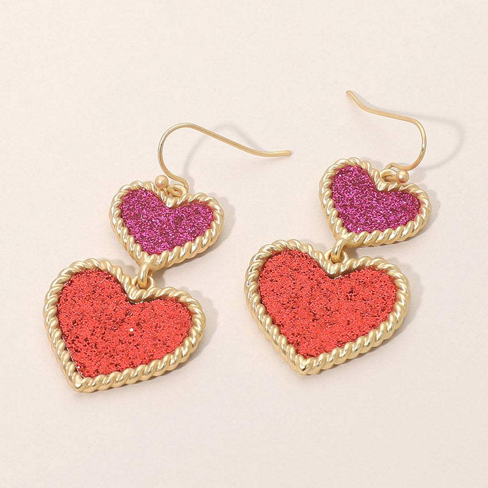 Glitter Double Heart Link Drop Dangle Earrings - Madeline Love - Flyclothing LLC
