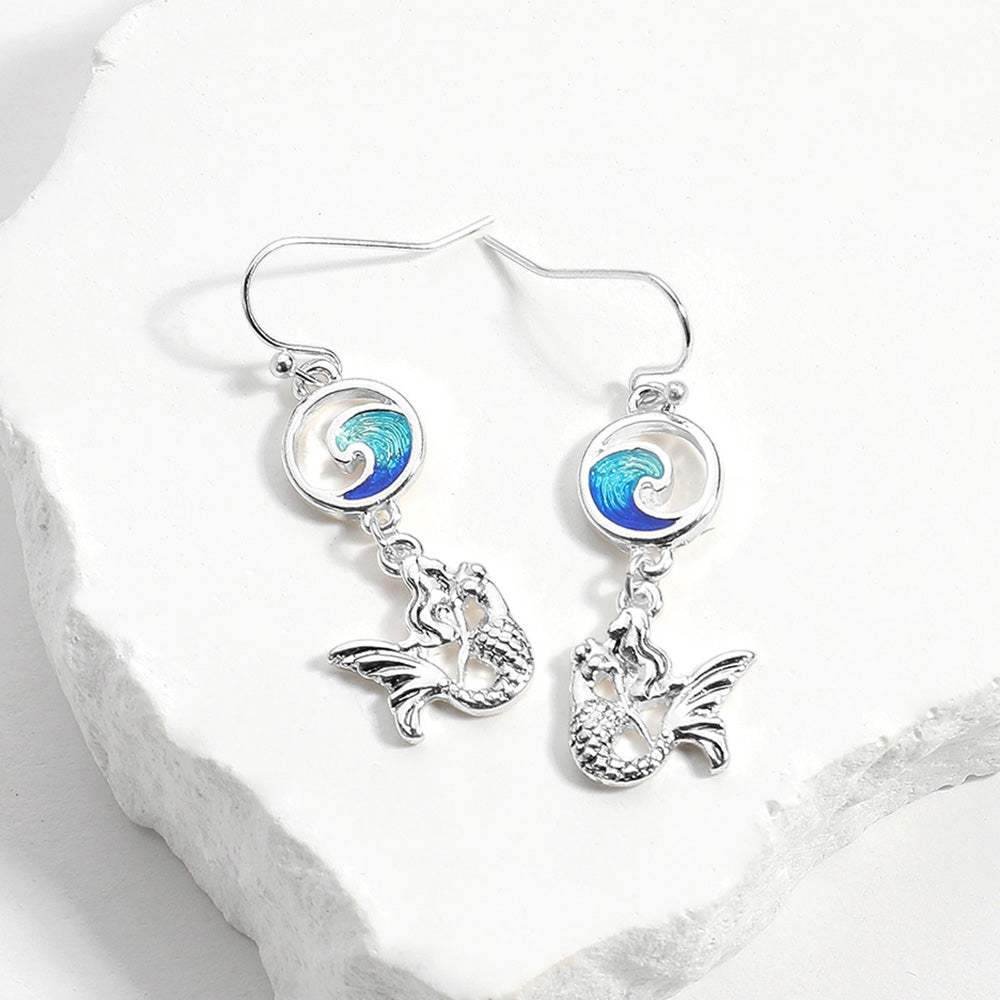Enamel Wave Antique Metal Mermaid Link Dangle Earrings - Madeline Love - Flyclothing LLC