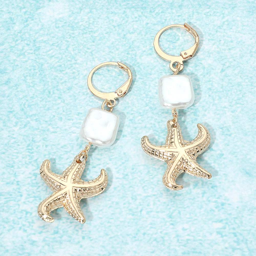 Starfish Square Pearl Charm Link Drop Huggie Earrings - Madeline Love - Flyclothing LLC