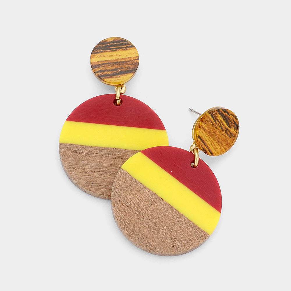 Color Block Wood Resin Round Dangle Earrings - Madeline Love - Flyclothing LLC