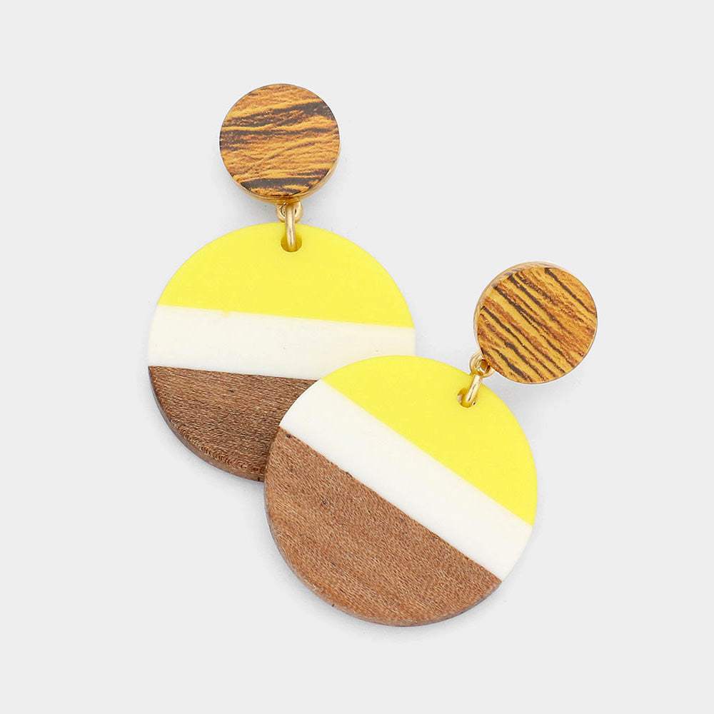 Color Block Wood Resin Round Dangle Earrings - Madeline Love - Flyclothing LLC