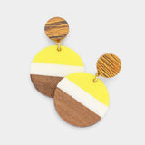 Color Block Wood Resin Round Dangle Earrings - Madeline Love - Flyclothing LLC