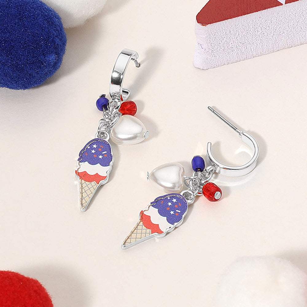 Enamel American USA Flag Ice Cream Cone Pearl Heart Beads Charm Dangle Earrings - Madeline Love - Flyclothing LLC