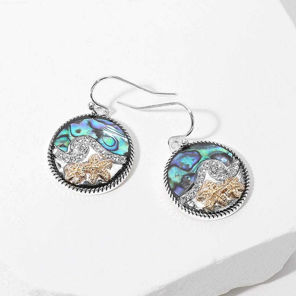 Two Tone Starfish Abalone Stone Paved Wave Round Dangle Earrings - Madeline Love - Flyclothing LLC