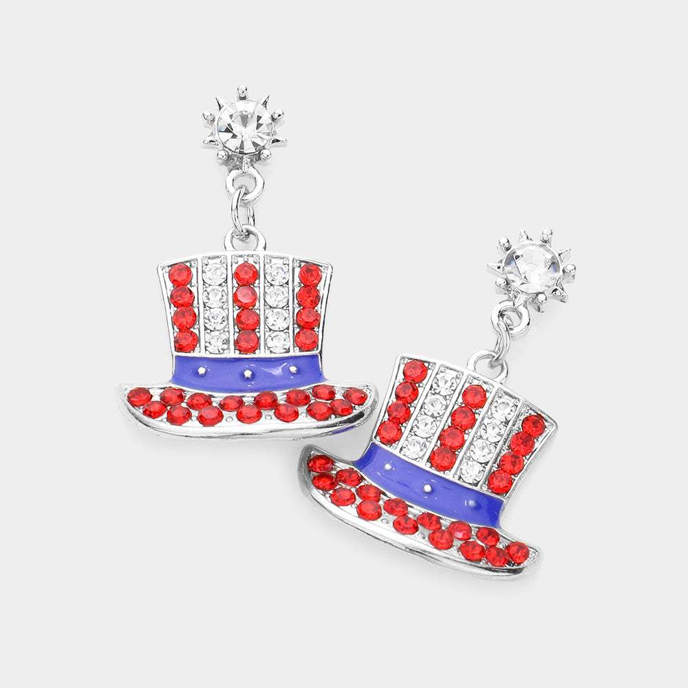American USA Flag Rhinestone Hat Dangle Earrings - Madeline Love - Flyclothing LLC
