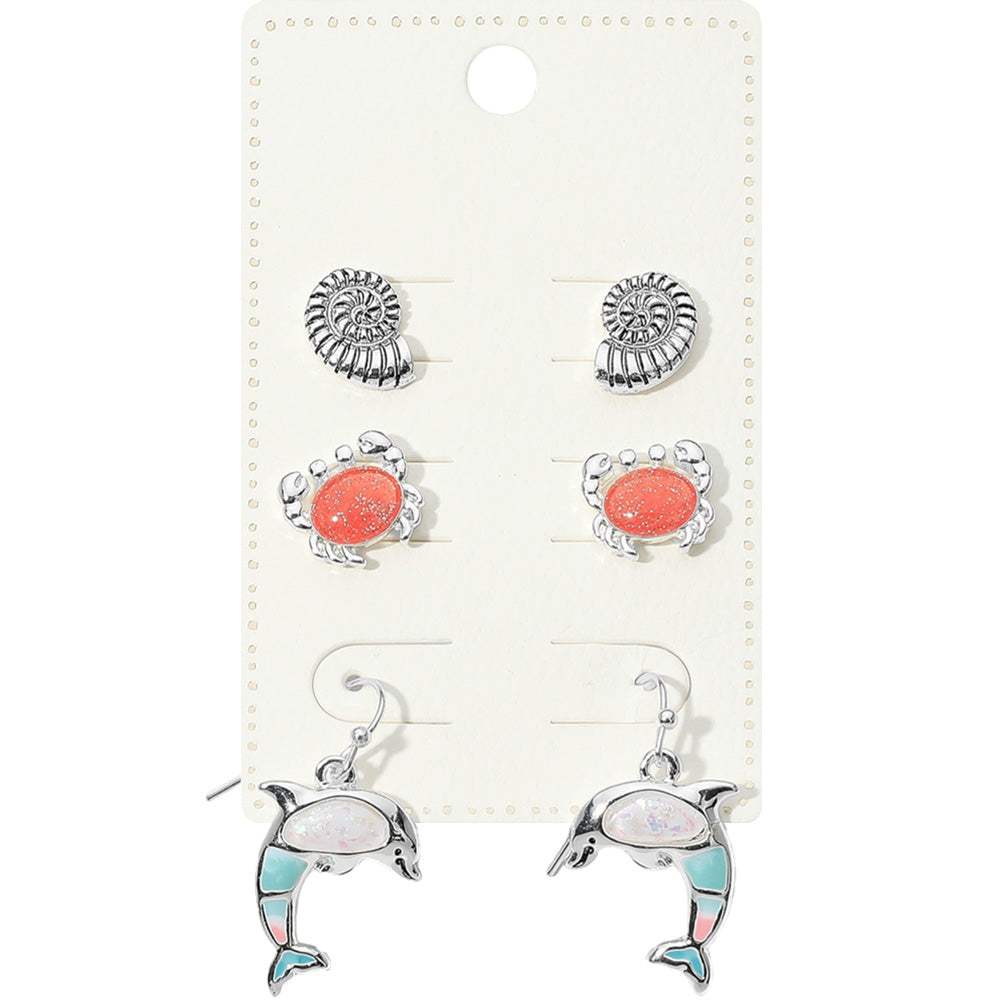 3Pairs - Metal Shell Enamel Crab Stud Dangle Earring Set - Madeline Love - Flyclothing LLC