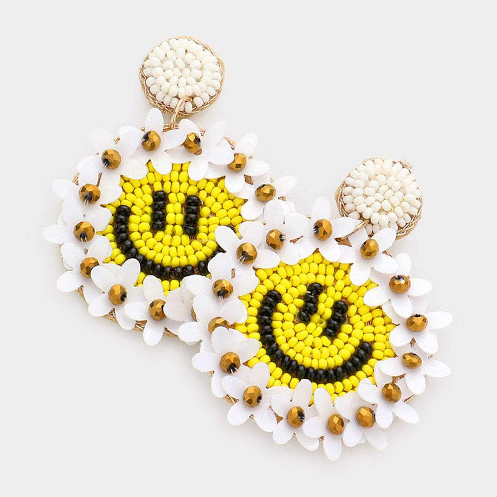 Felt Back Floral Seed Beaded Smile Dangle Earrings - Madeline Love - Flyclothing LLC