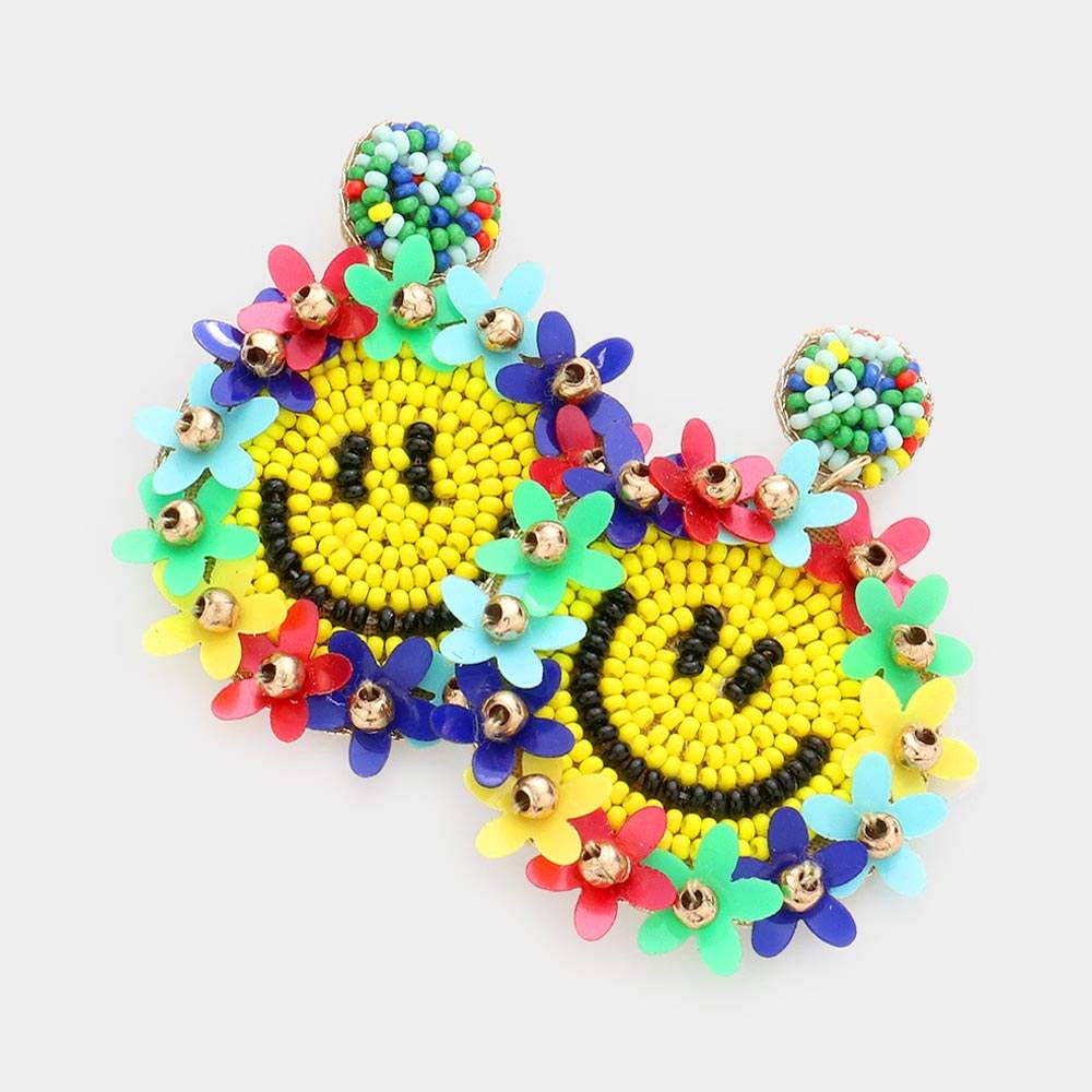 Felt Back Floral Seed Beaded Smile Dangle Earrings - Madeline Love - Flyclothing LLC