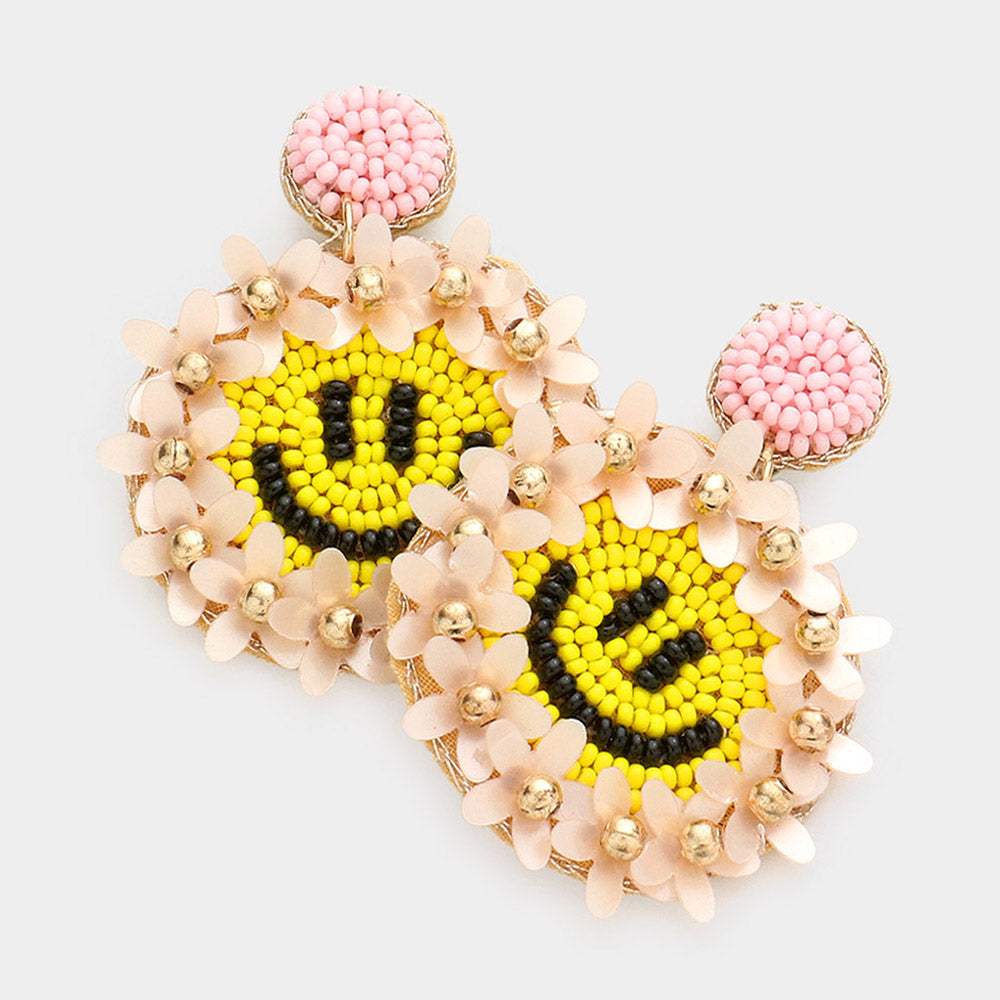 Felt Back Floral Seed Beaded Smile Dangle Earrings - Madeline Love - Flyclothing LLC