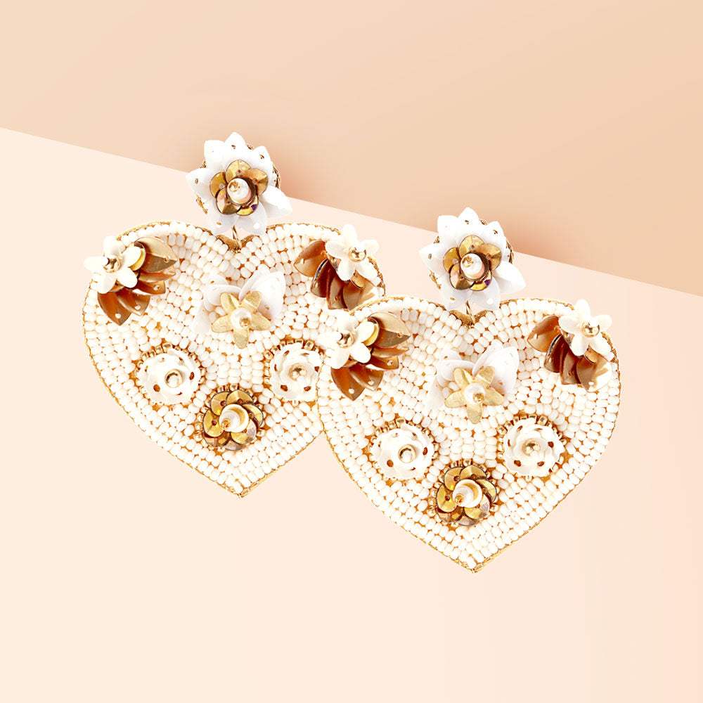 Felt Back Flower Pointed Seed Beaded Heart Dangle Earrings - Madeline Love - Flyclothing LLC
