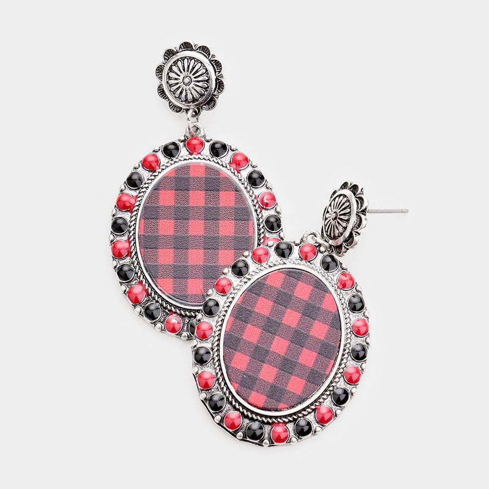 Buffalo Check Print Colored Polka Dot Trim Metal Oval Dangle Earrings - Madeline Love - Flyclothing LLC