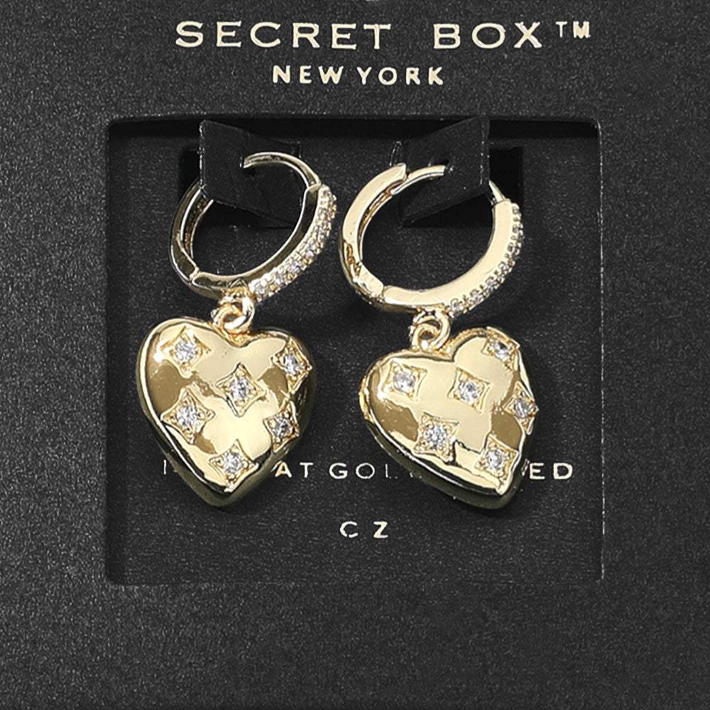 SECRET BOX_14K Gold Dipped CZ Stone Paved Heart Dangle Huggie Earrings - Madeline Love - Flyclothing LLC