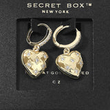 SECRET BOX_14K Gold Dipped CZ Stone Paved Heart Dangle Huggie Earrings - Madeline Love - Flyclothing LLC