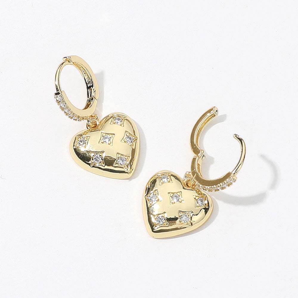 SECRET BOX_14K Gold Dipped CZ Stone Paved Heart Dangle Huggie Earrings - Madeline Love - Flyclothing LLC