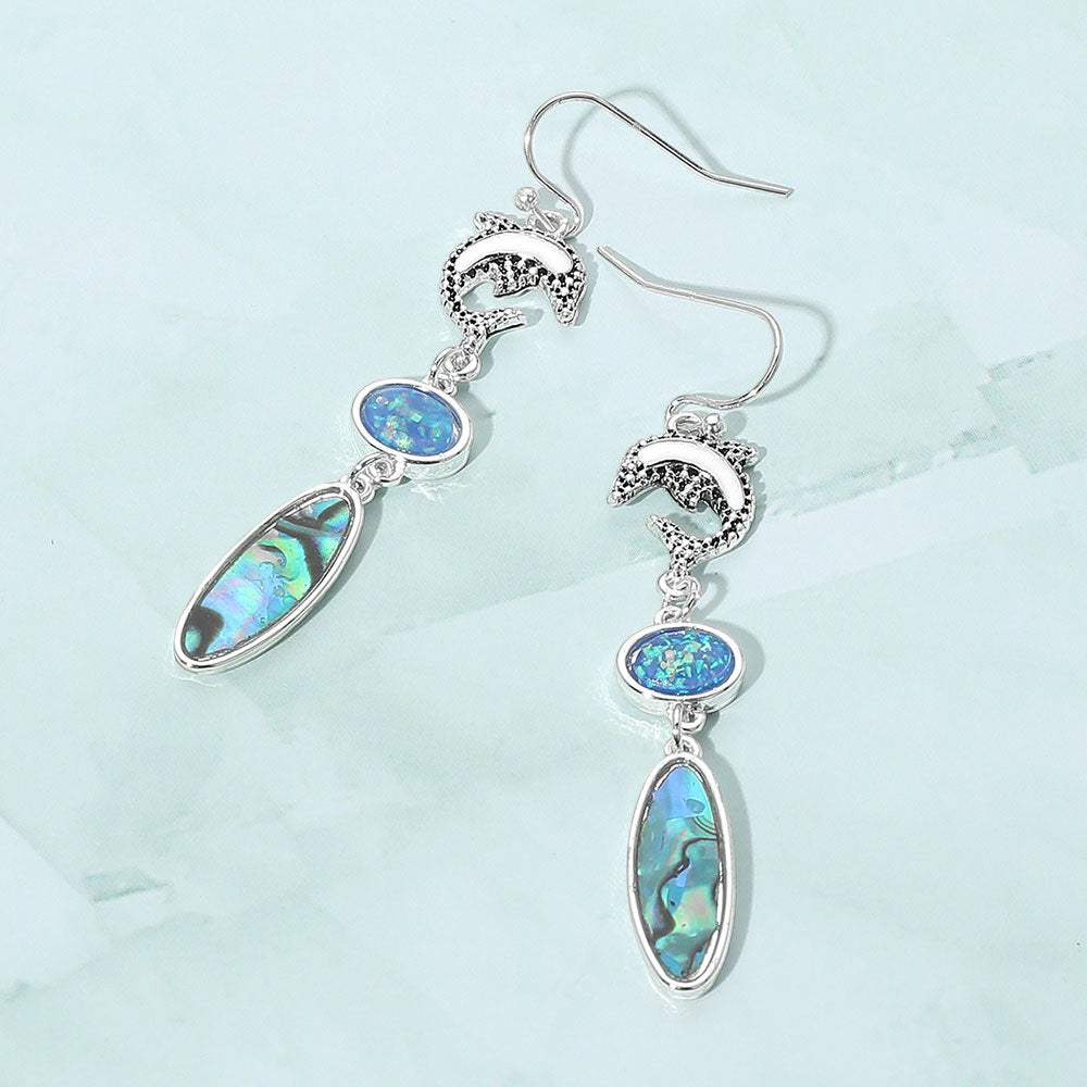 Metal Dolphin Abalone Opal Drop Dangle Earrings - Madeline Love - Flyclothing LLC