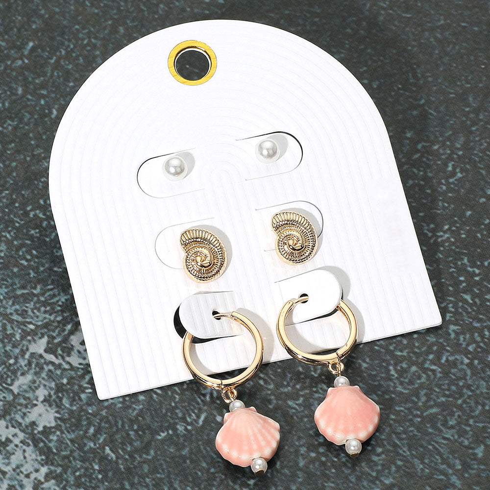 3Pairs - Pearl Metal Swirl Shell Stud Ceramic Shell Dangle Earring Set - Madeline Love - Flyclothing LLC