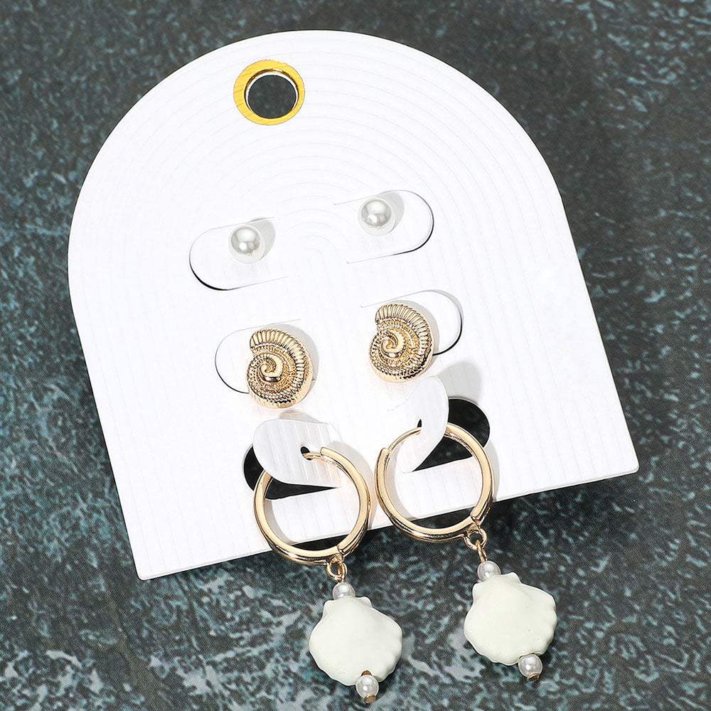 3Pairs - Pearl Metal Swirl Shell Stud Ceramic Shell Dangle Earring Set - Madeline Love - Flyclothing LLC