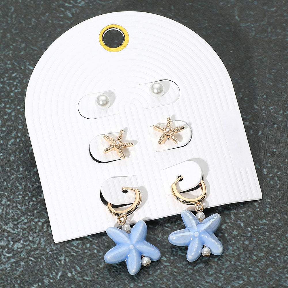 3Pairs - Pearl Metal Starfish Stud Ceramic Dangle Earring Set - Madeline Love - Flyclothing LLC
