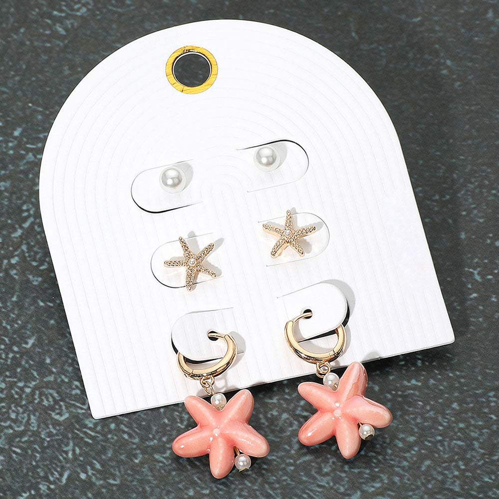 3Pairs - Pearl Metal Starfish Stud Ceramic Dangle Earring Set - Madeline Love - Flyclothing LLC