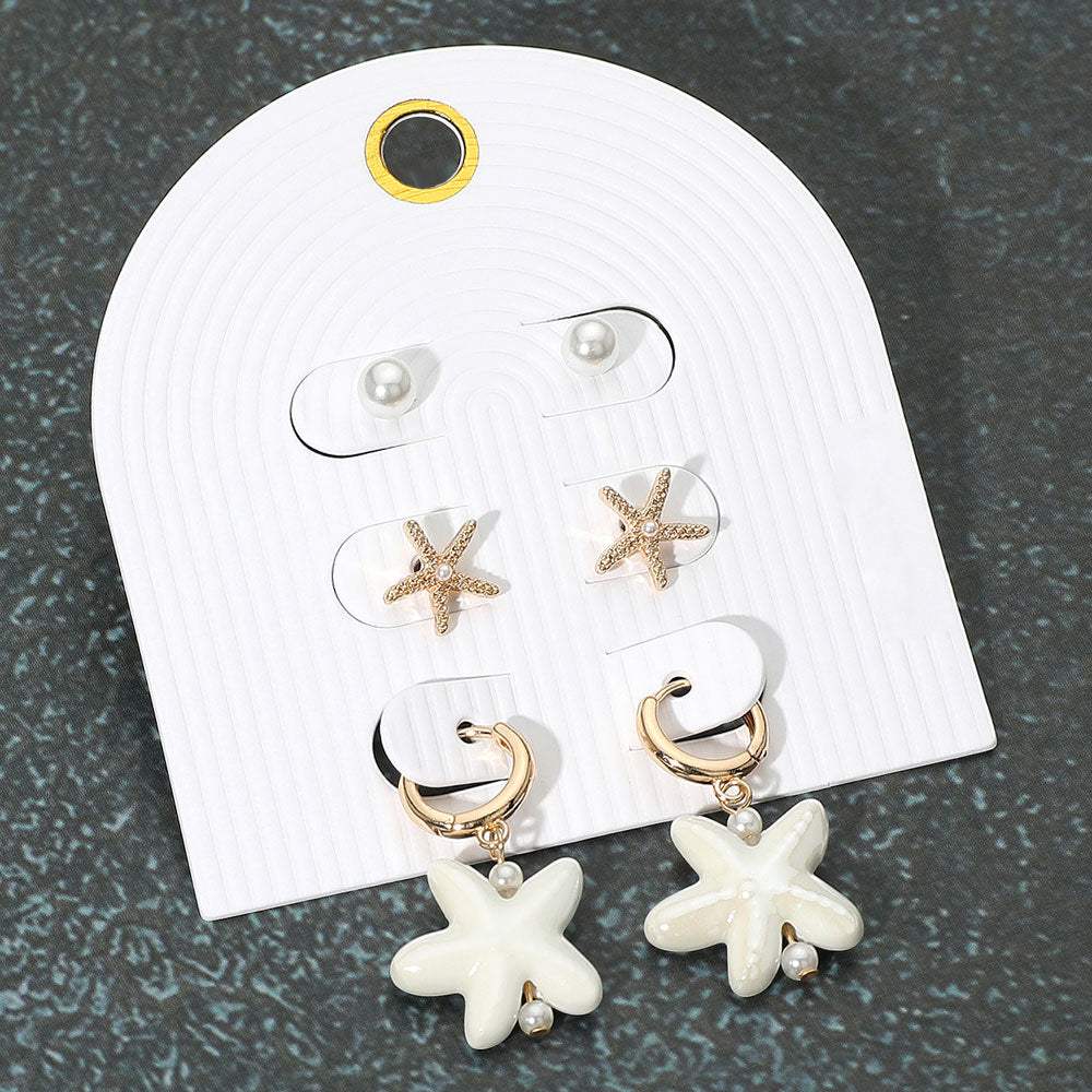 3Pairs - Pearl Metal Starfish Stud Ceramic Dangle Earring Set - Madeline Love - Flyclothing LLC