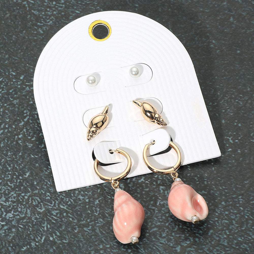3Pairs - Pearl Metal Conch Shell Stud Ceramic Dangle Earring Set - Madeline Love - Flyclothing LLC