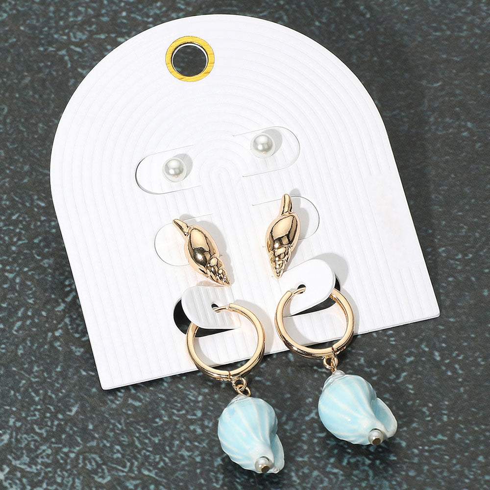 3Pairs - Pearl Metal Conch Shell Stud Ceramic Dangle Earring Set - Madeline Love - Flyclothing LLC