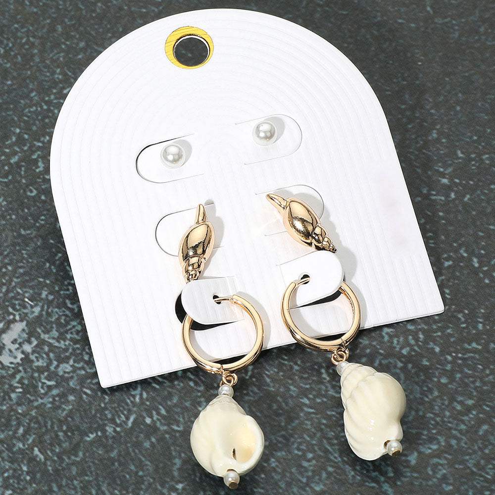 3Pairs - Pearl Metal Conch Shell Stud Ceramic Dangle Earring Set - Madeline Love - Flyclothing LLC