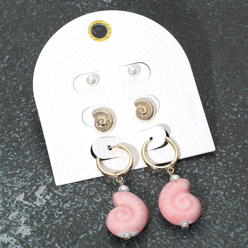 3Pairs - Pearl Metal Swirl Shell Stud Ceramic Dangle Earring Set - Madeline Love - Flyclothing LLC