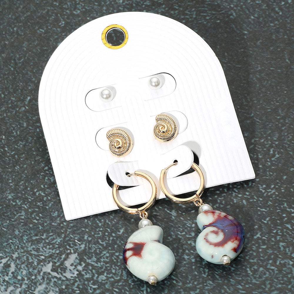 3Pairs - Pearl Metal Swirl Shell Stud Ceramic Dangle Earring Set - Madeline Love - Flyclothing LLC