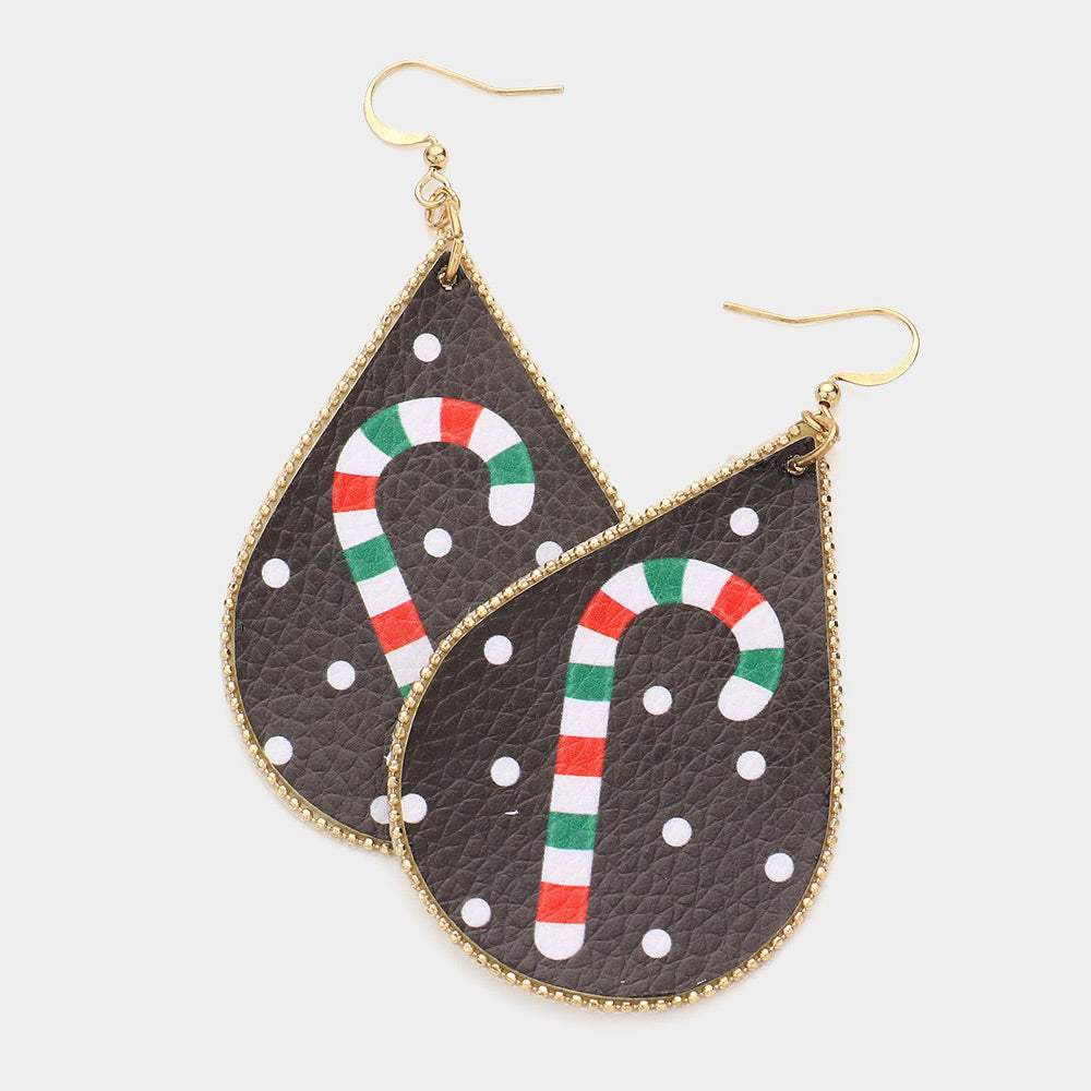 Candy Cane Print Faux Leather Teardrop Earrings - Madeline Love - Flyclothing LLC