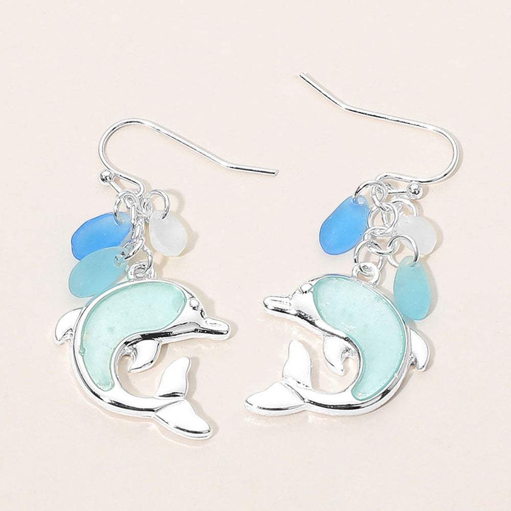 Sea Glass Dolphin Drop Dangle Earrings - Madeline Love - Flyclothing LLC