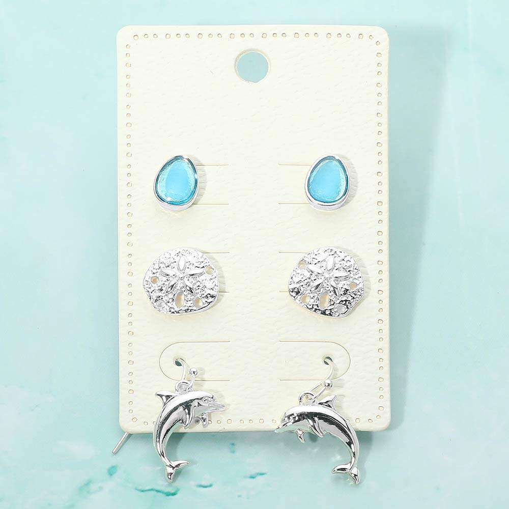 3Pairs - Sea Glass Sand Dollar Dolphin Earring Set - Madeline Love - Flyclothing LLC